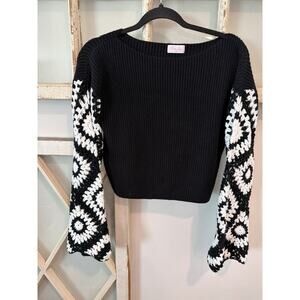 Pink Lily size XS crocheted arms granny square sweater black & white